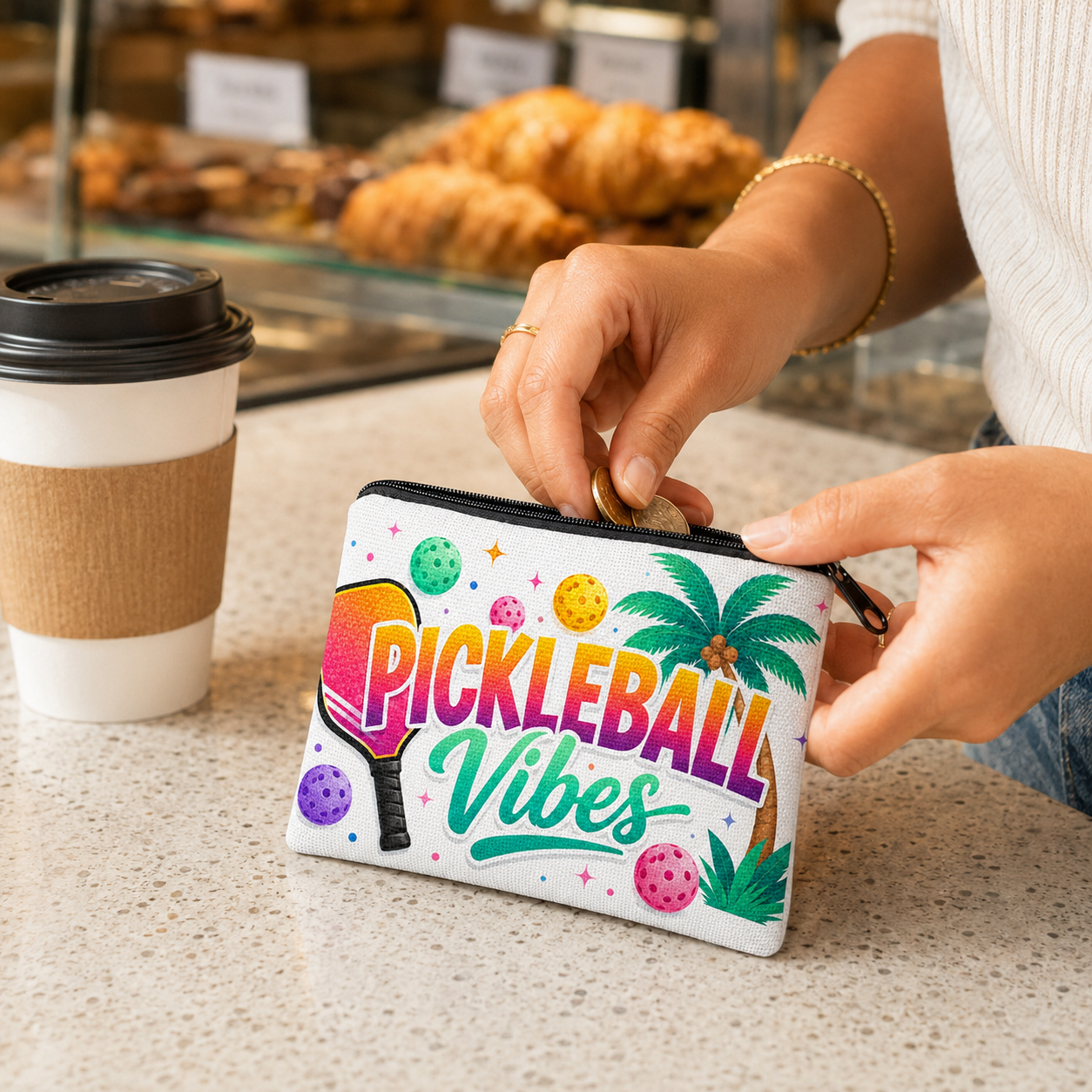 Pickleball Vibes coin purse used naturally at a cafe counter