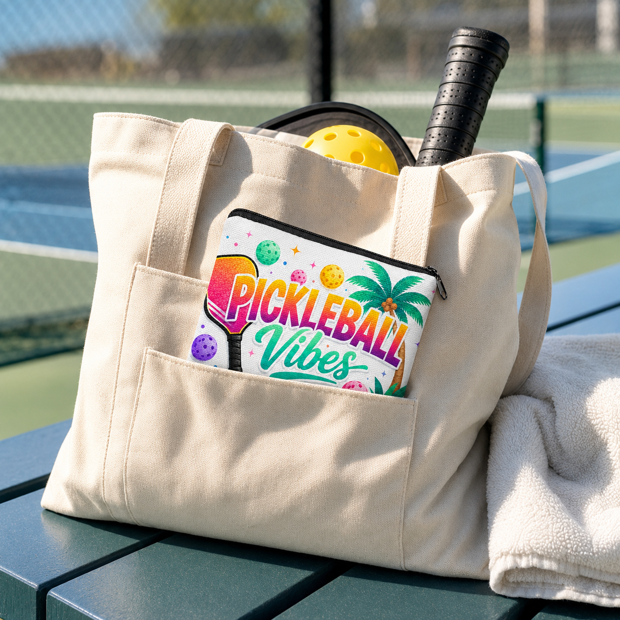 Pickleball Vibes coin purse in a courtside pickleball tote