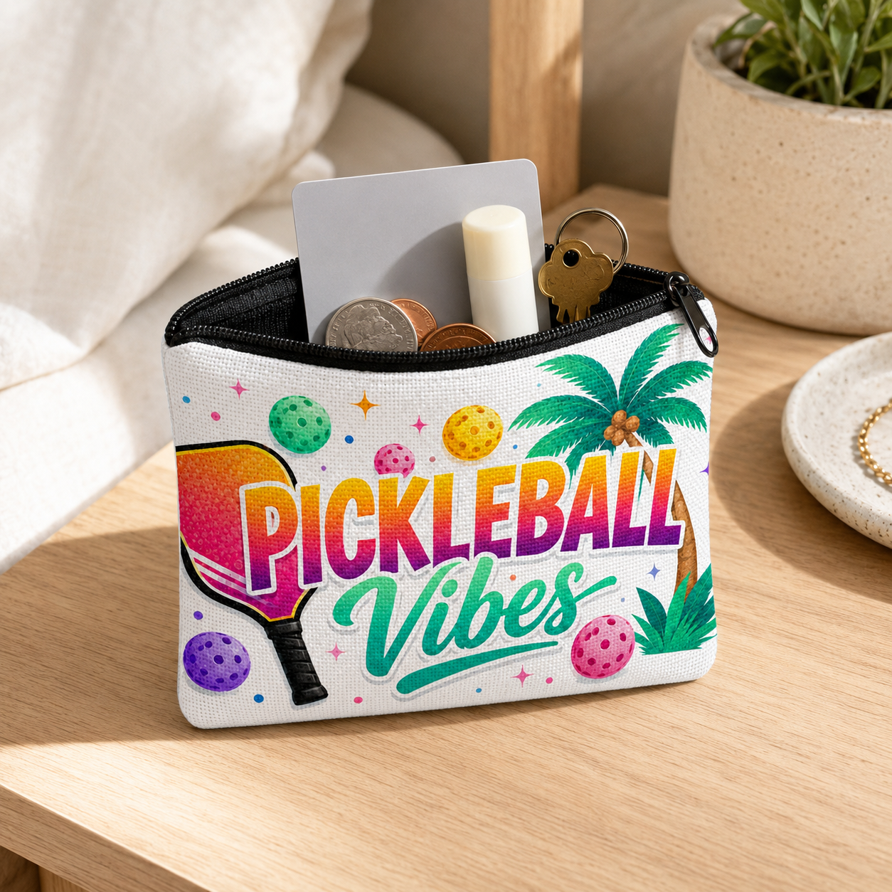 Open Pickleball Vibes coin purse holding coins, a card, lip balm, and a key