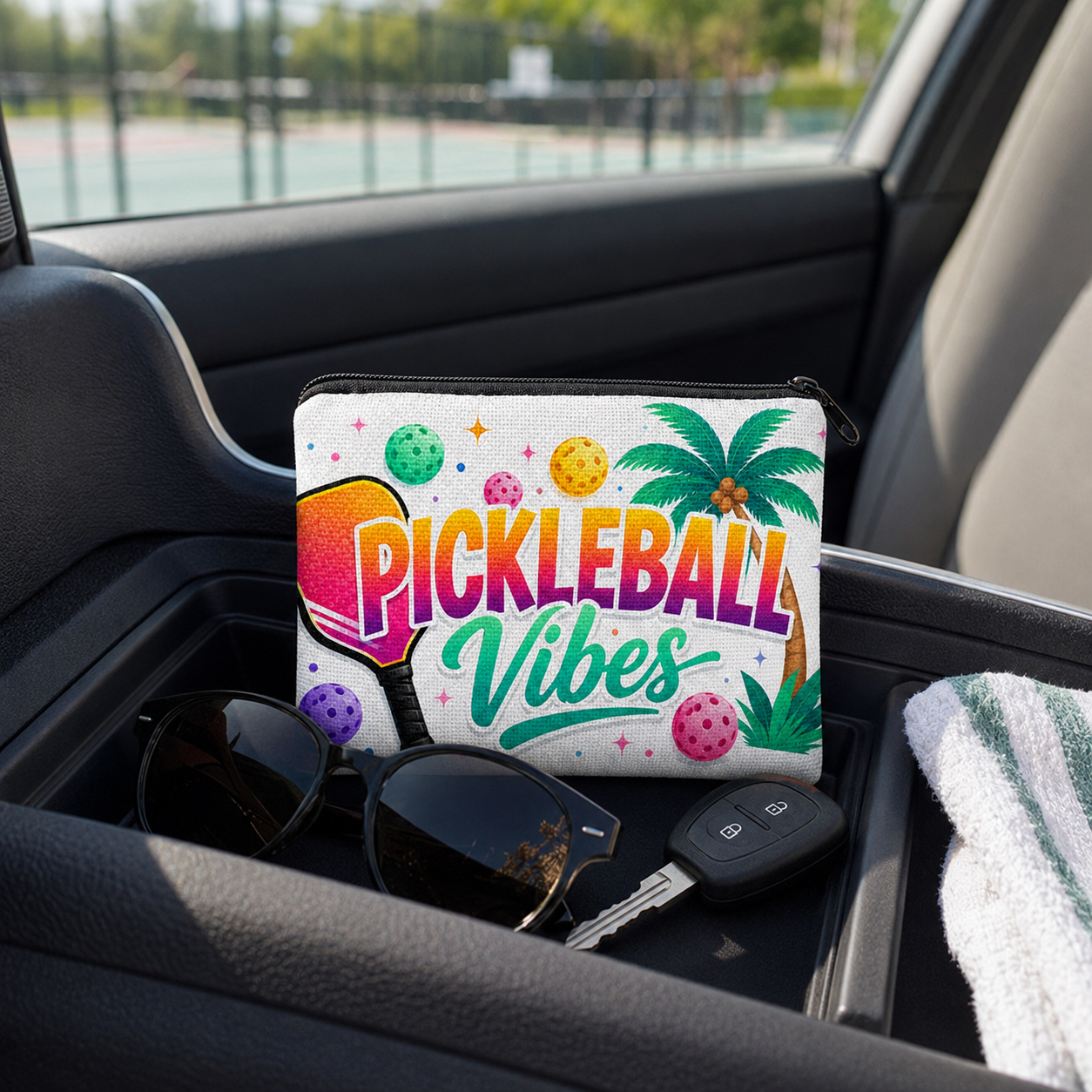 Pickleball Vibes pouch in a car console after pickleball