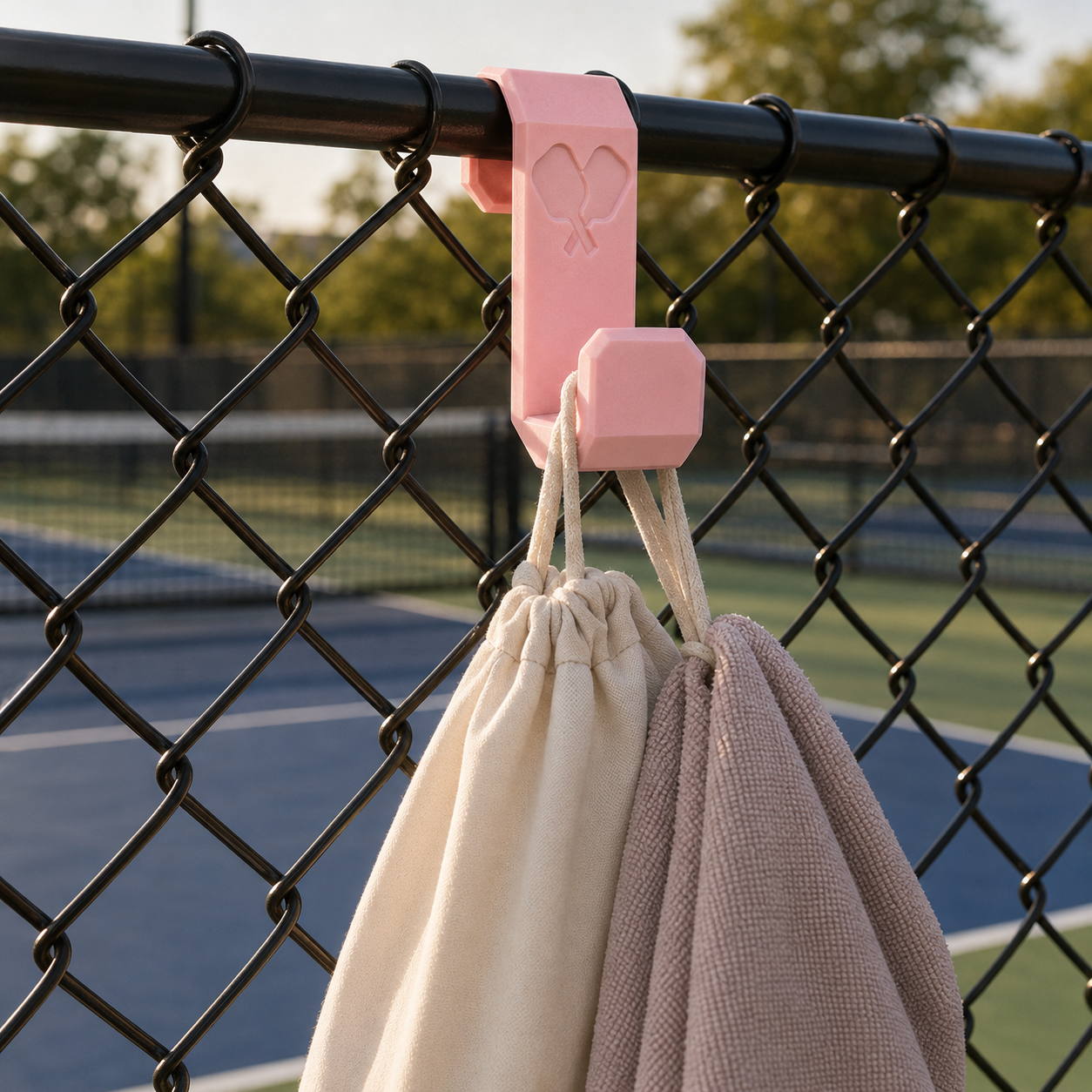 Pink pickleball fence hook holding an accessory bag and towel at a pickleball court