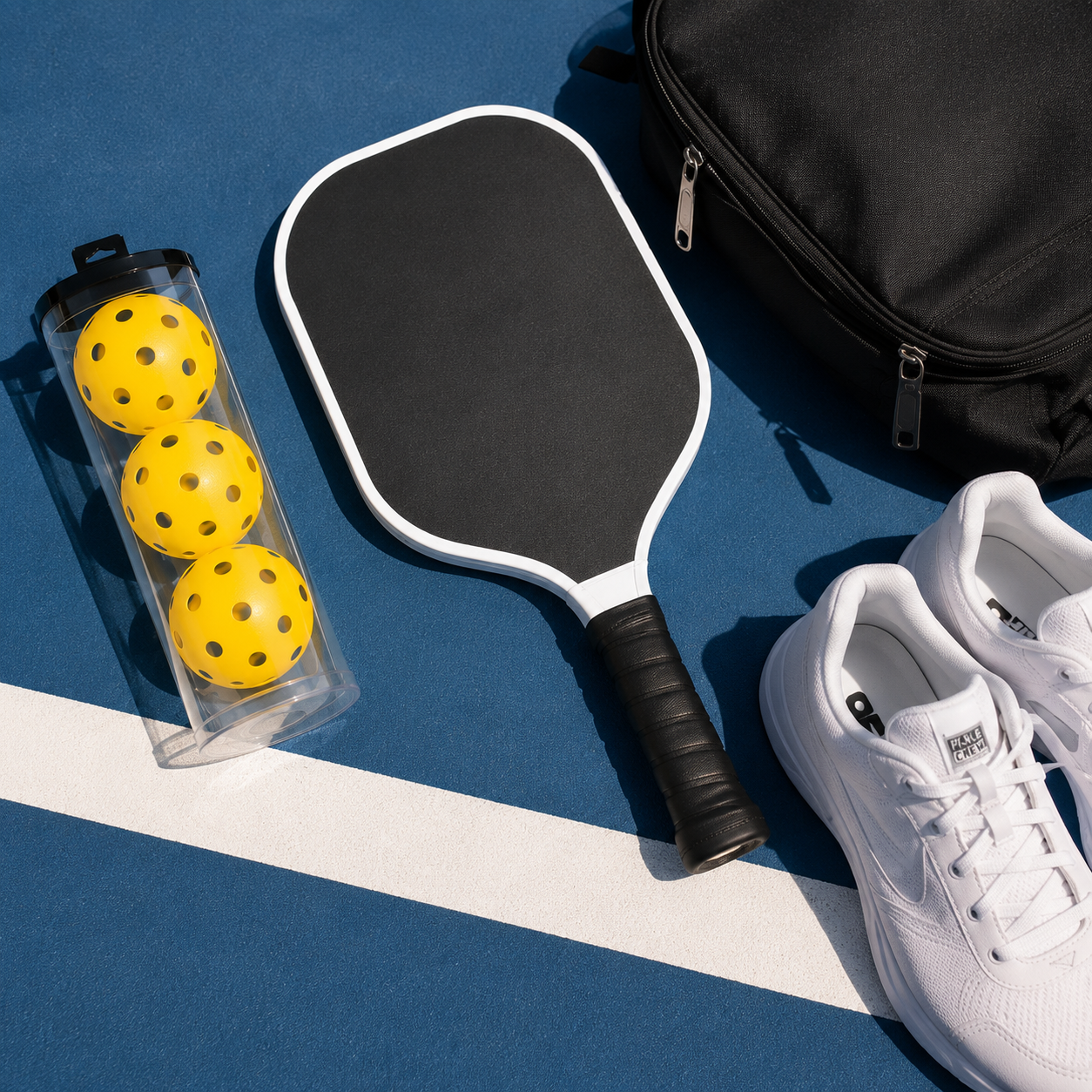 Silent pickleballs in a clear tube with paddle, bag, and shoes on a blue pickleball court