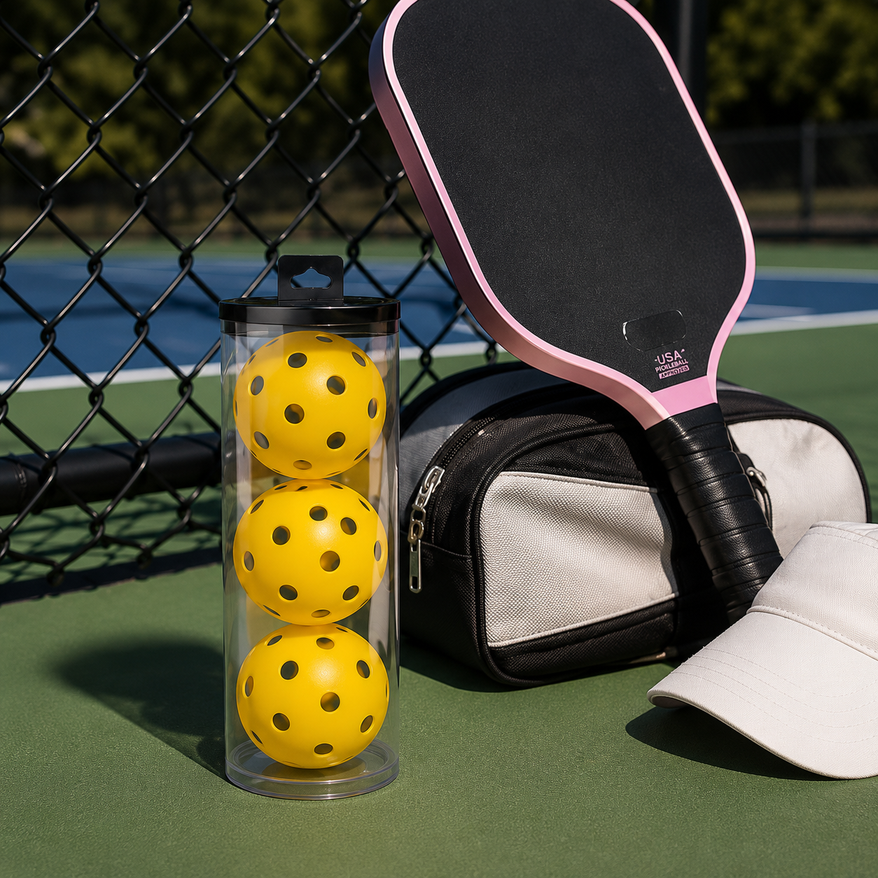 Silent pickleballs in a clear tube beside a pickleball paddle, bag, and cap on an outdoor court