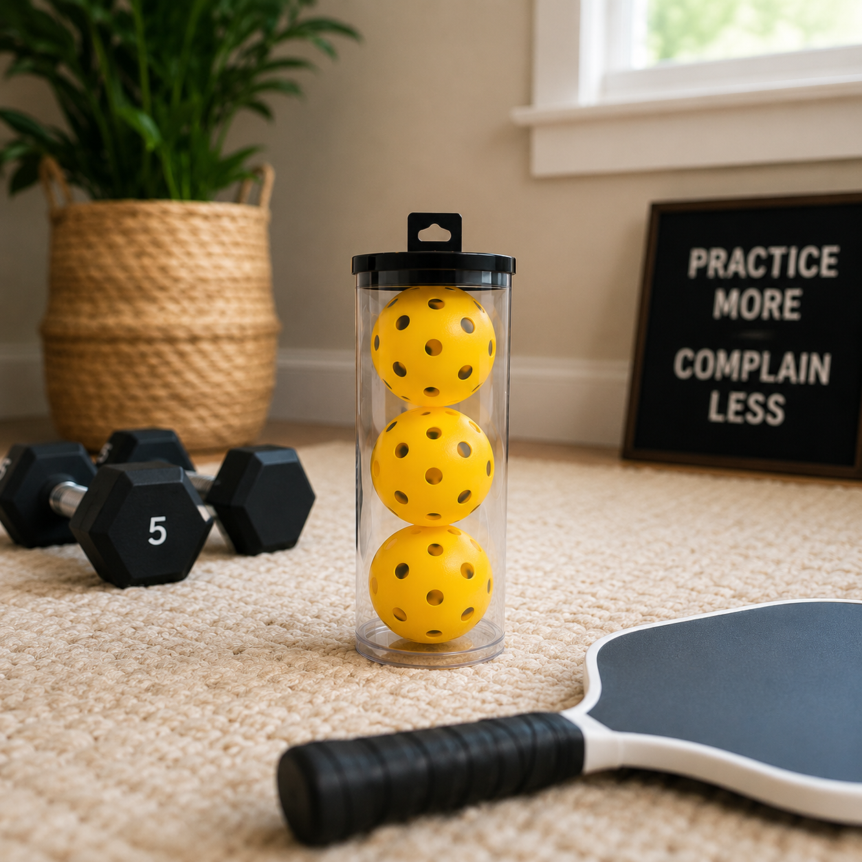 Silent pickleballs in a clear tube in a cozy indoor workout and pickleball practice area