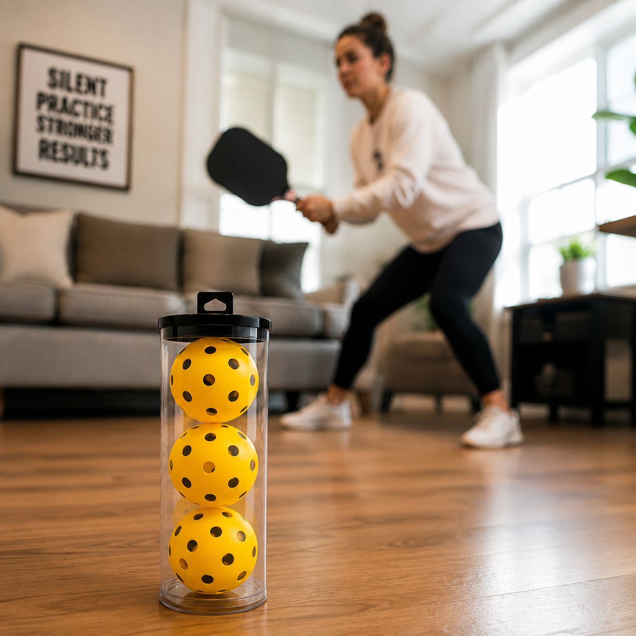 Silent pickleballs in a clear tube during indoor home pickleball practice