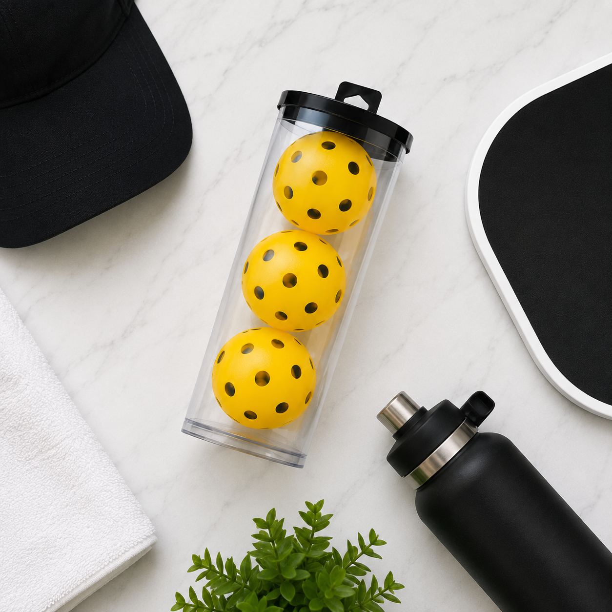 Silent pickleballs in a clear tube with pickleball gear on a light marble surface