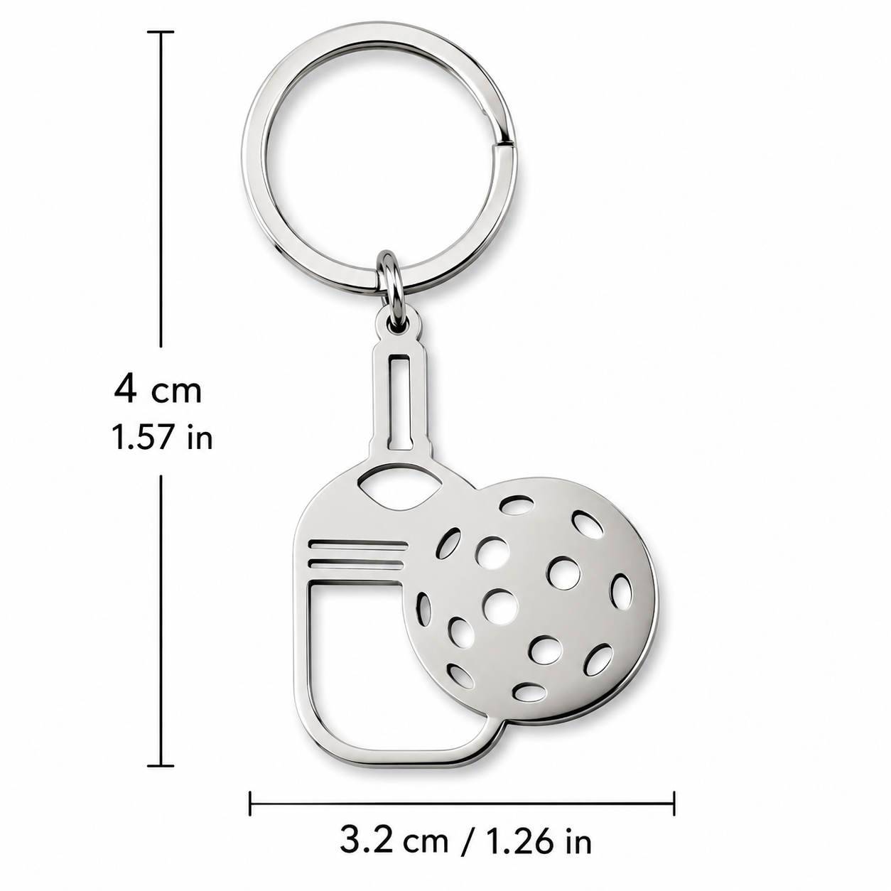 Stainless-steel pickleball paddle and ball keychain dimensions: 4 cm by 3.2 cm