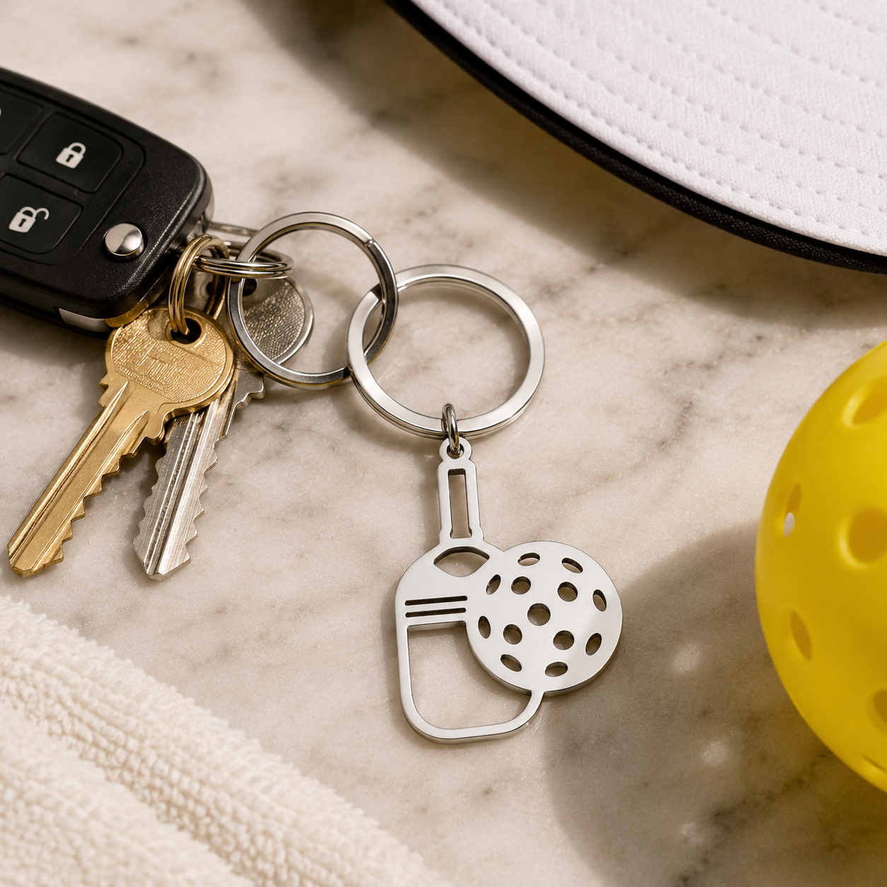 Stainless-steel pickleball paddle and ball keychain with car keys and pickleball gear