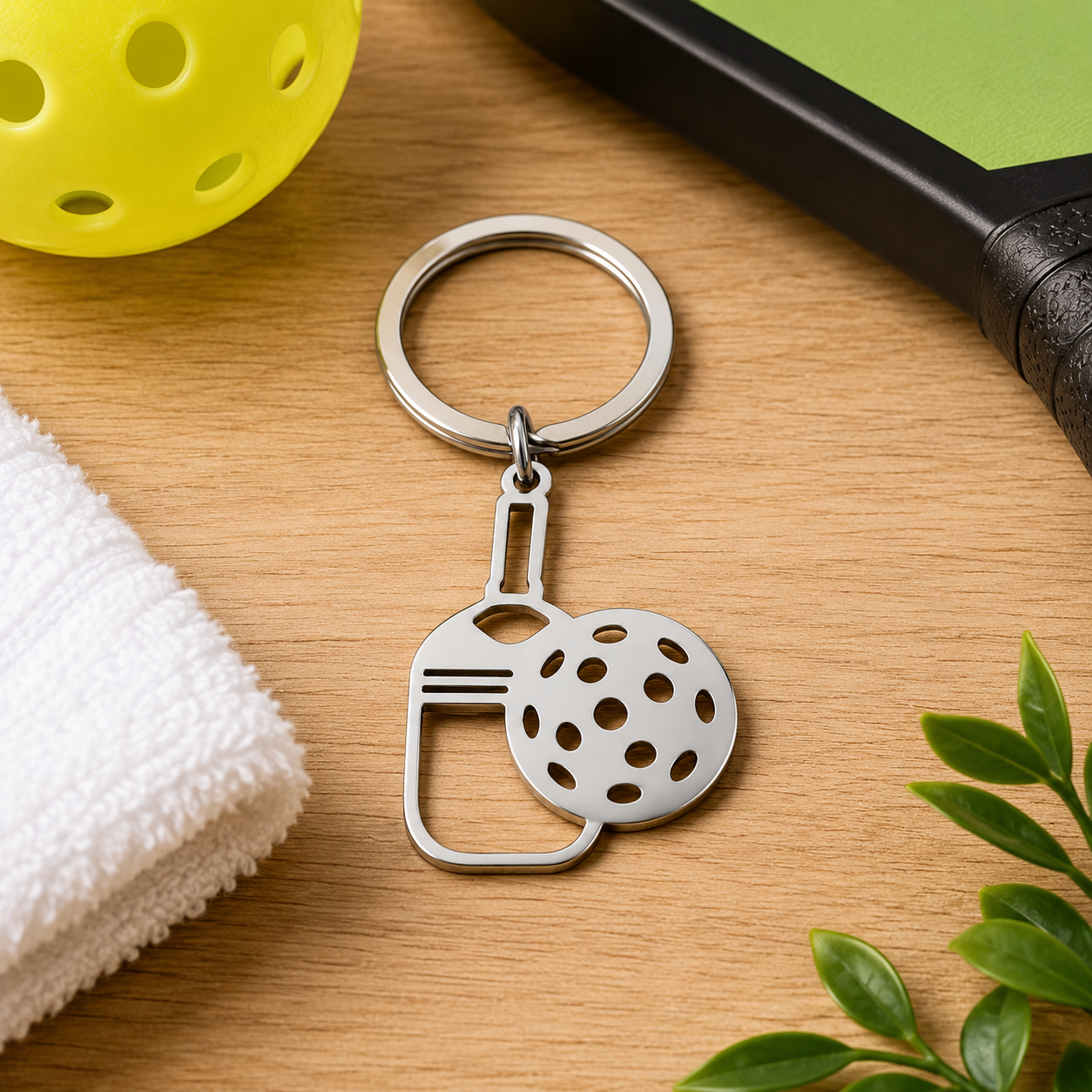 Stainless-steel pickleball paddle and ball keychain on a tabletop with pickleball gear