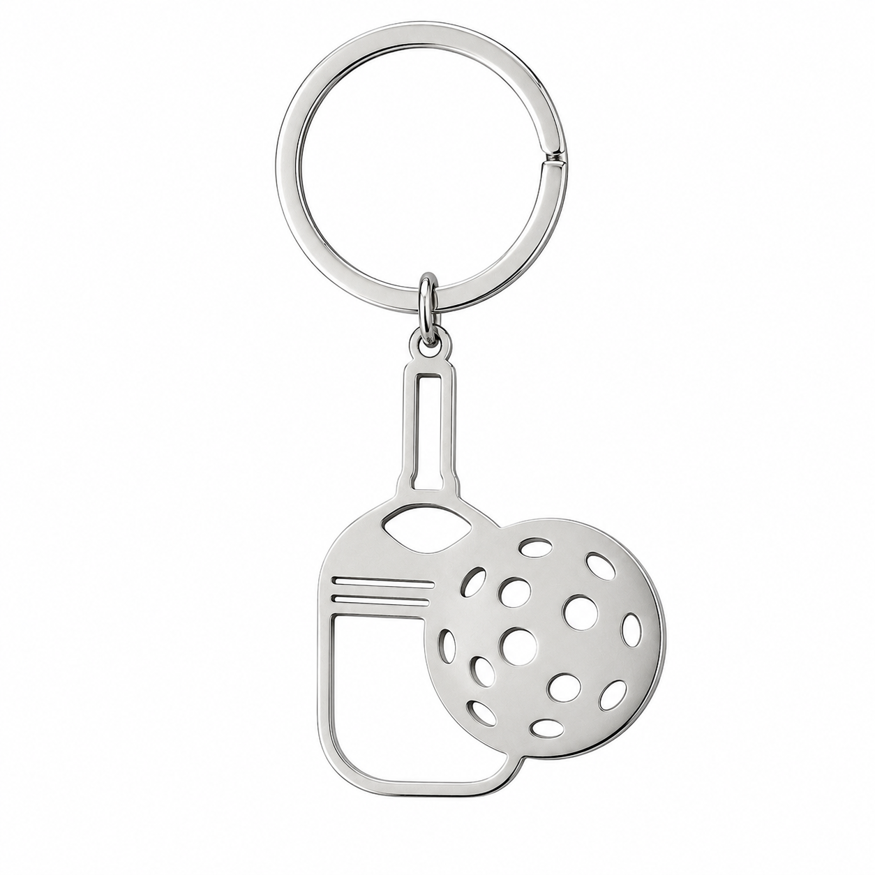 Stainless-steel pickleball paddle and ball keychain on a white background