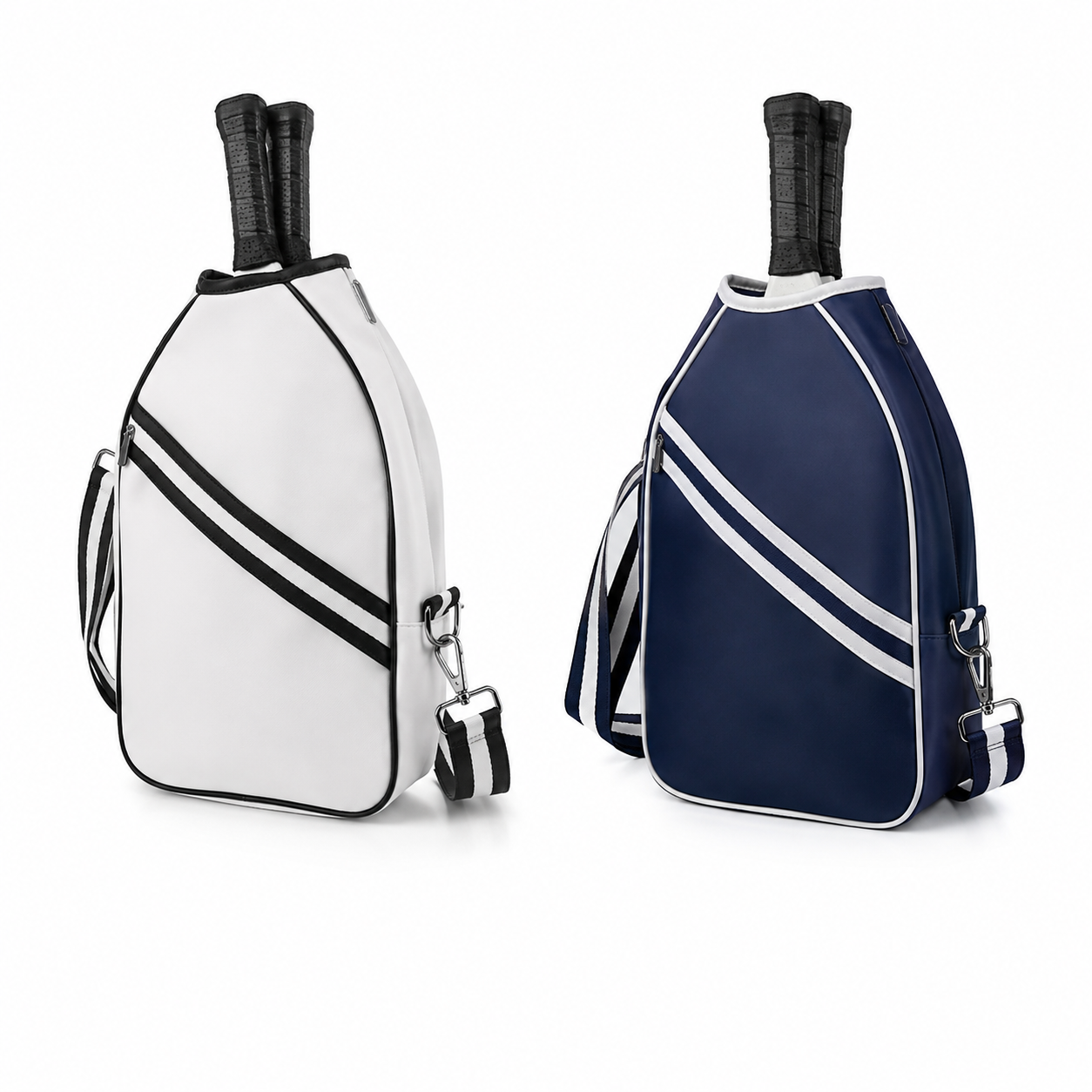 Black and white and navy and white striped pickleball sling bag variants on a white background