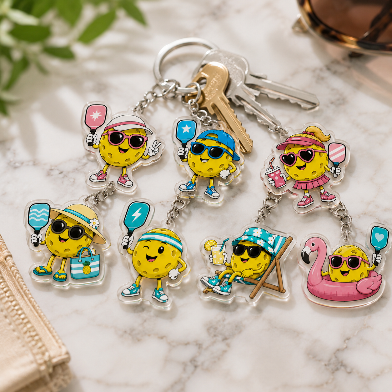 Summer Pickleballers acrylic keychains styled with everyday keys on a marble surface