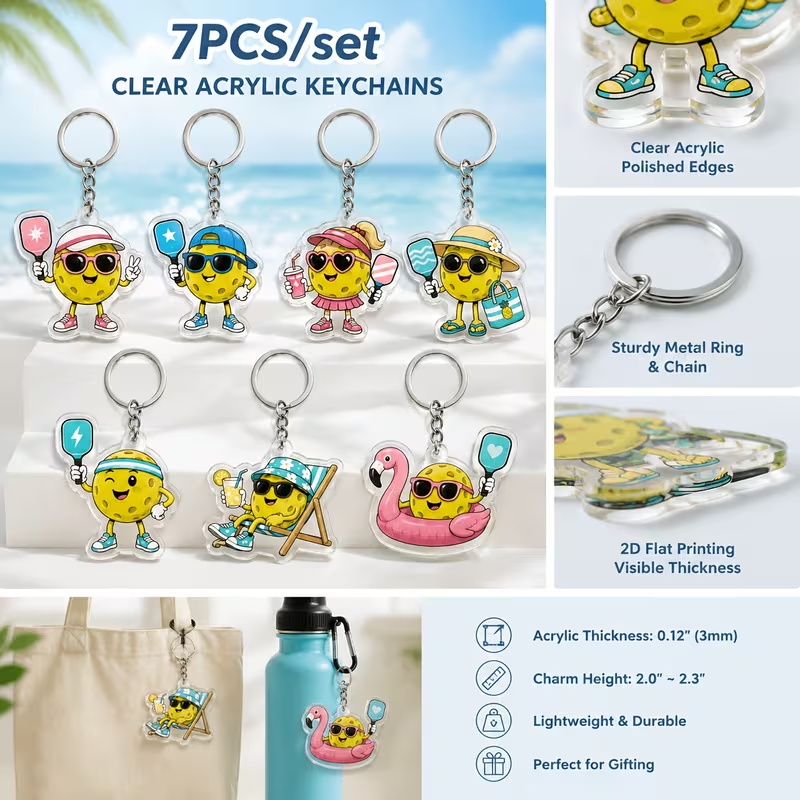 Summer Pickleballers seven-piece clear acrylic keychain set lifestyle and detail image