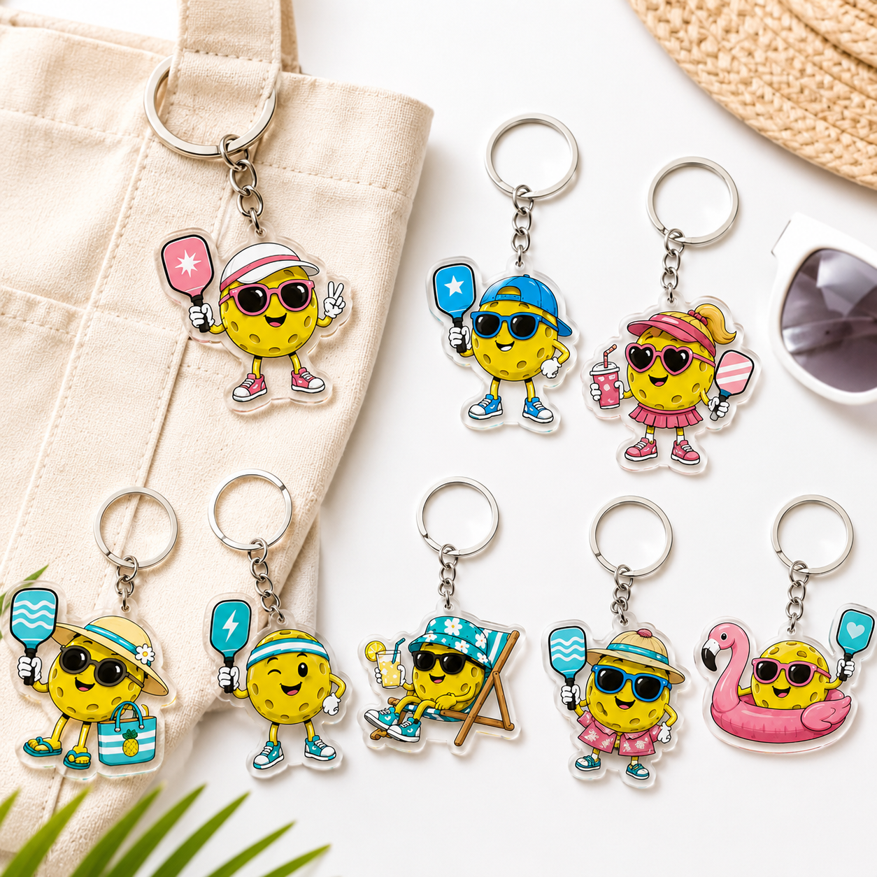 Summer Pickleballers acrylic keychains styled with a canvas tote and summer accessories