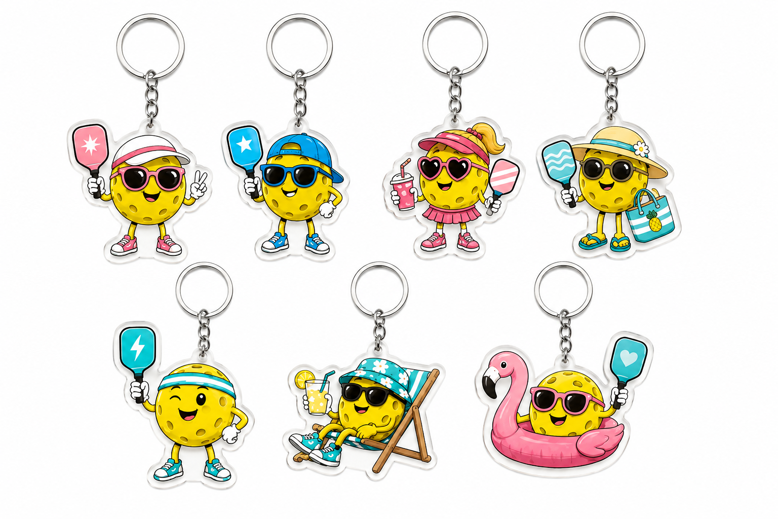 Summer Pickleballers clear acrylic keychain set on a white background
