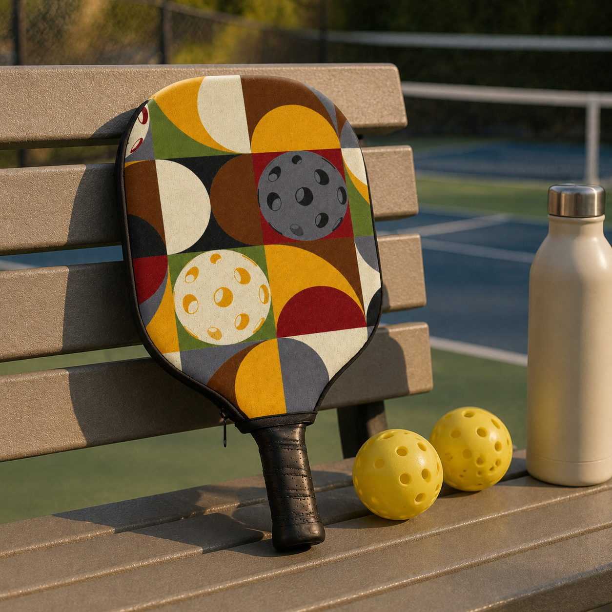 The Kitchen covered pickleball paddle staged on a courtside bench with pickleballs and water bottle