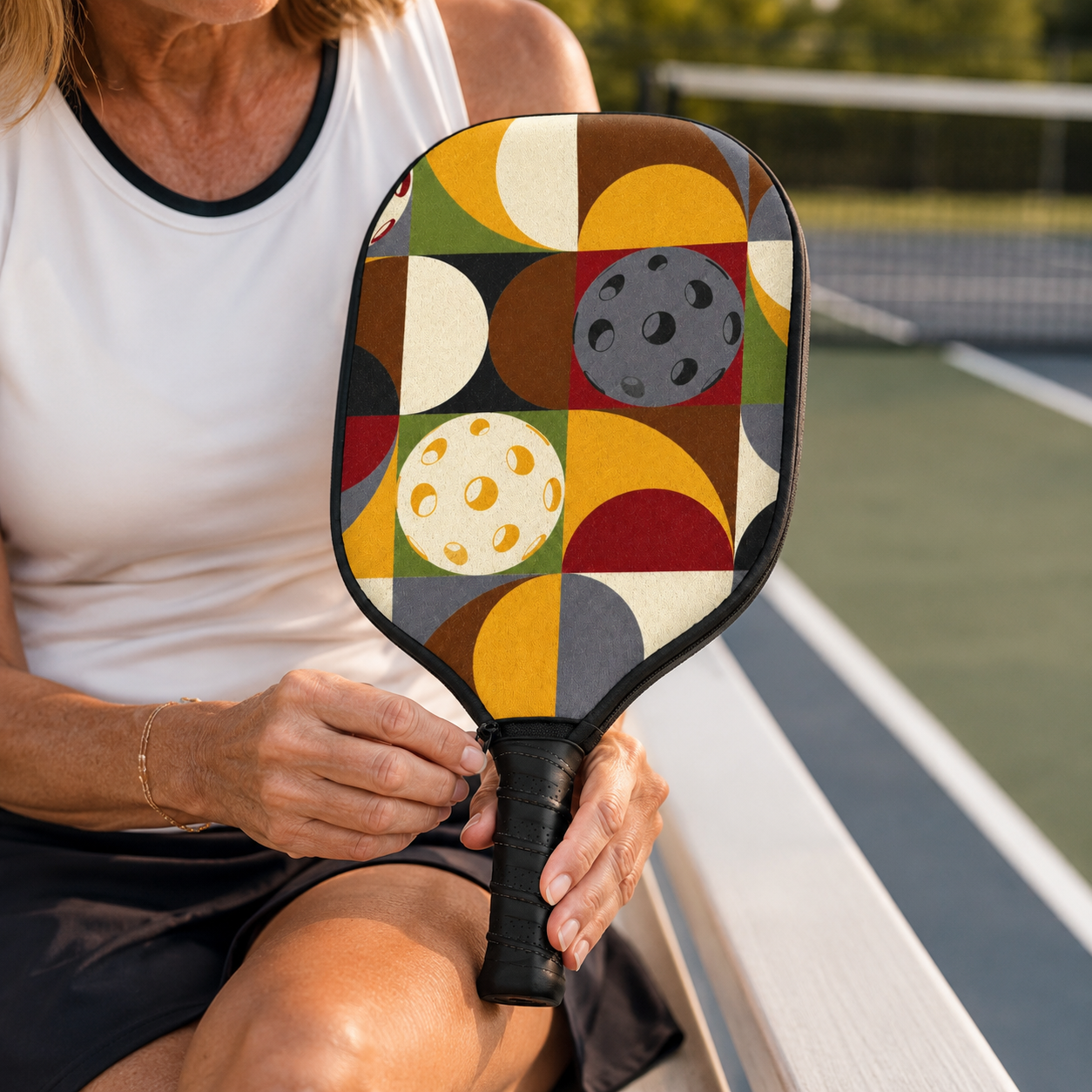 Woman seated courtside closing the zipper on The Kitchen pickleball paddle cover