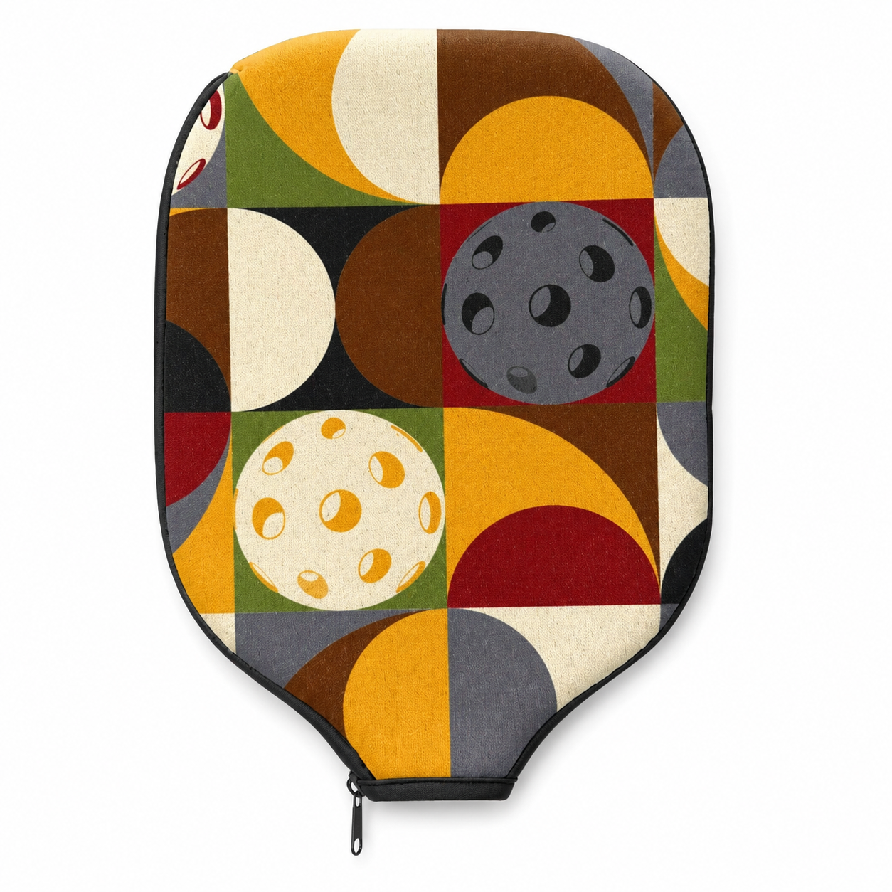 The Kitchen pickleball paddle cover with retro mustard, olive, cream, brown, gray and red geometric pattern on white