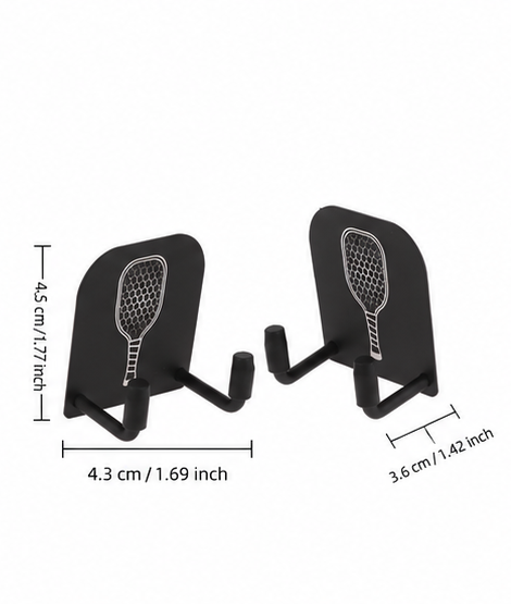Dimensions of black wall-mounted pickleball paddle rack