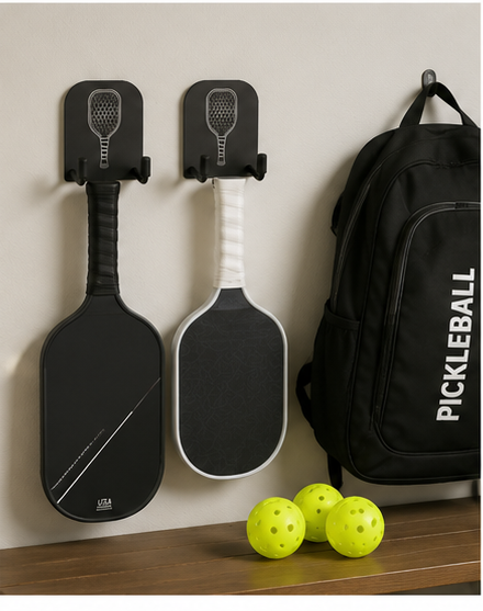 Pickleball paddles, balls, and bag organized with wall-mounted paddle racks