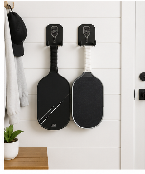 Two pickleball paddles stored on wall-mounted paddle racks