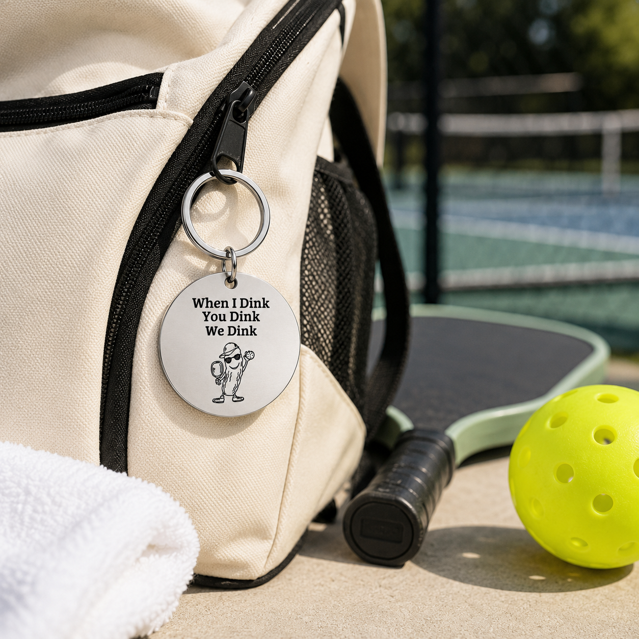 When I Dink silver pickleball keychain attached to a cream pickleball bag at the court
