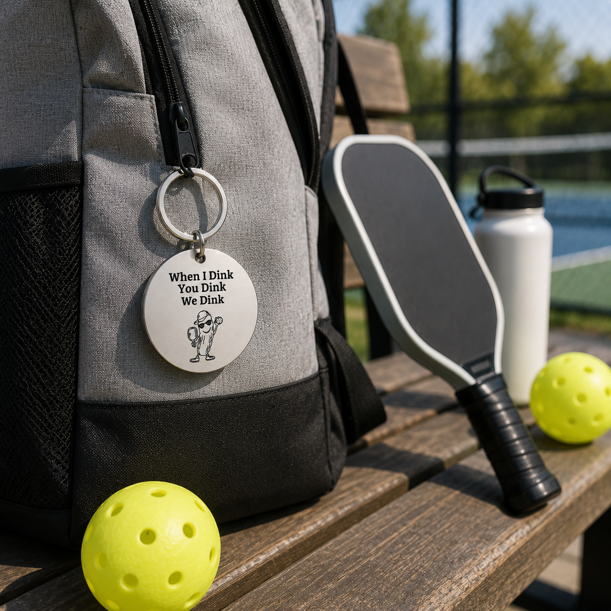 When I Dink silver pickleball keychain on a backpack beside a pickleball court bench