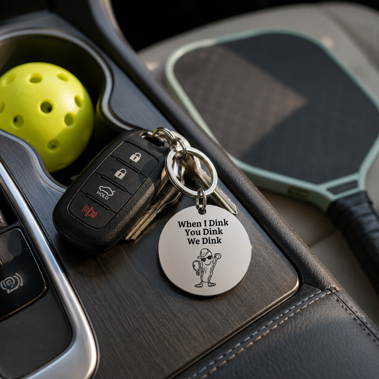 When I Dink silver pickleball keychain attached to car keys with pickleball gear nearby