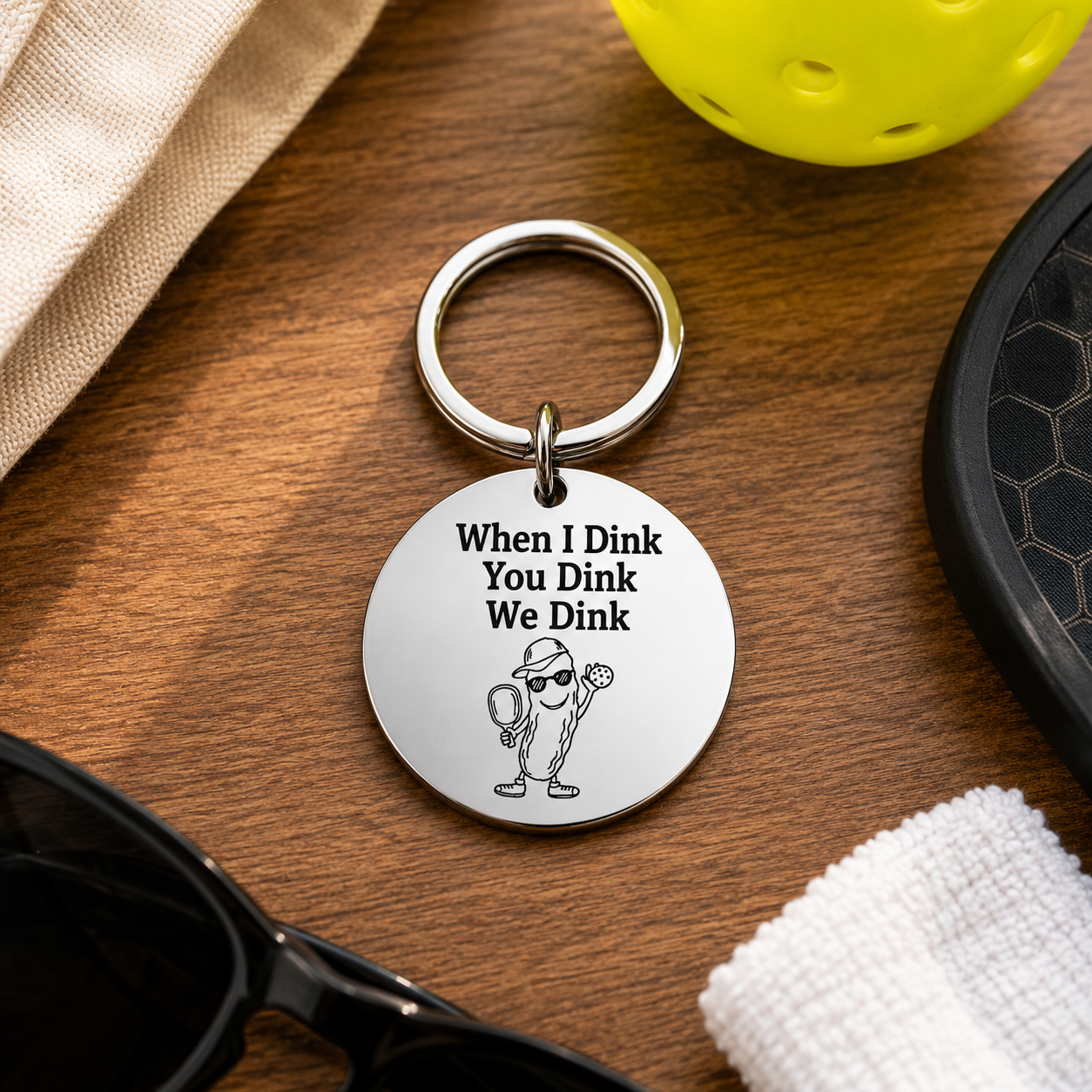 When I Dink You Dink We Dink silver pickleball keychain on a wooden table with pickleball gear