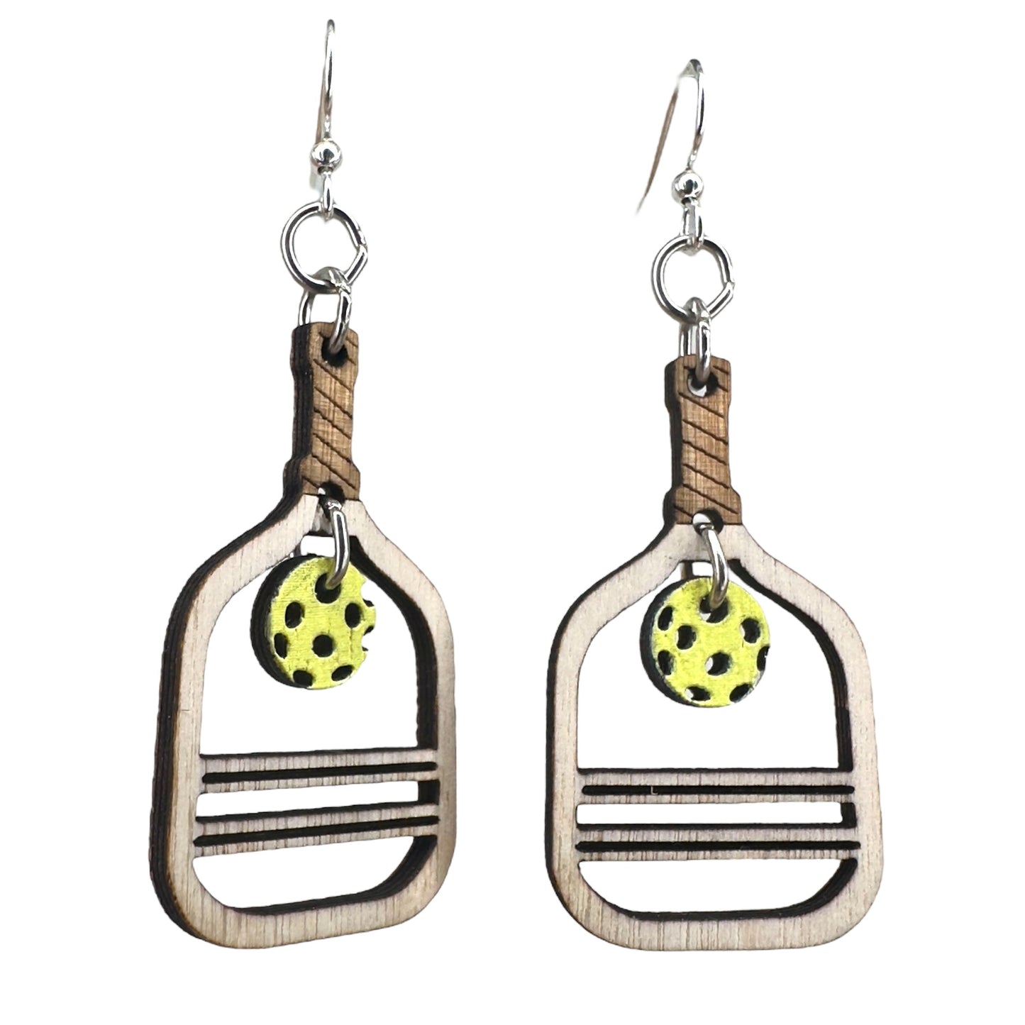 Laser-cut wood pickleball earrings