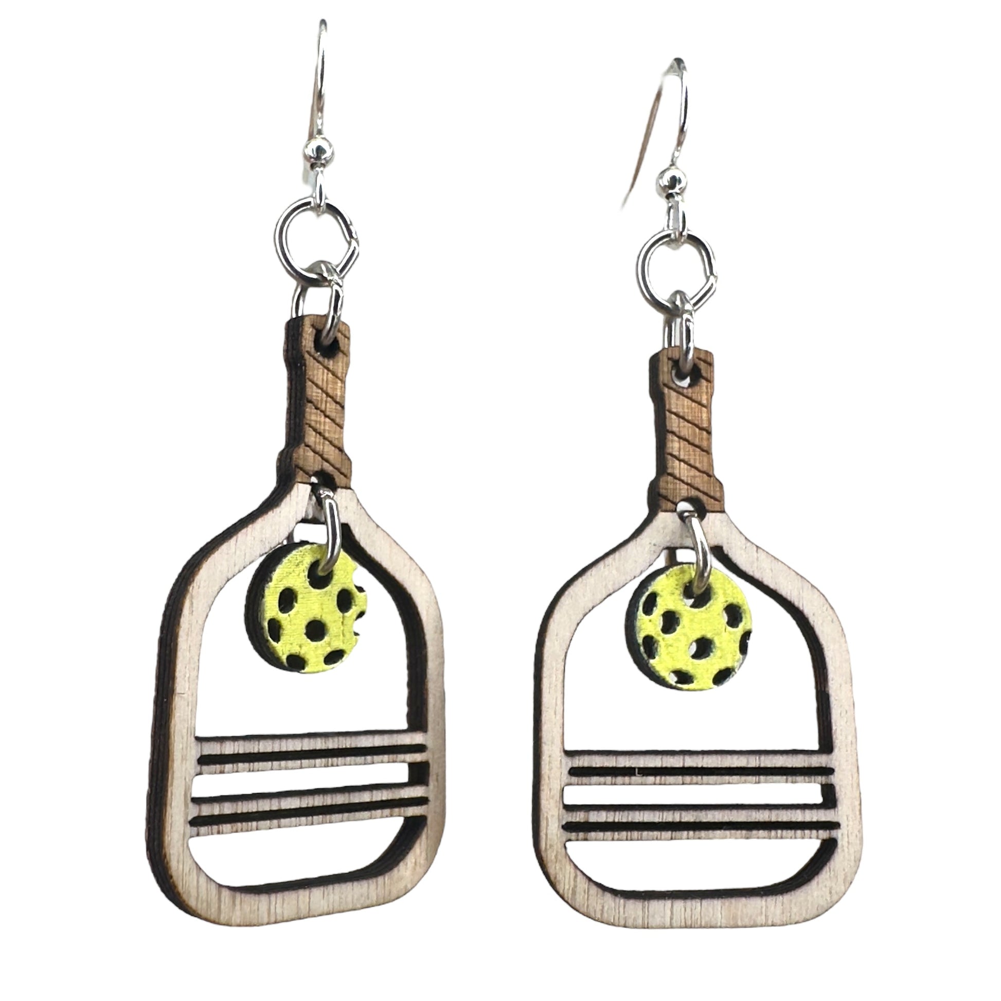 Laser-cut wood pickleball earrings