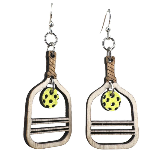 Laser-cut wood pickleball earrings