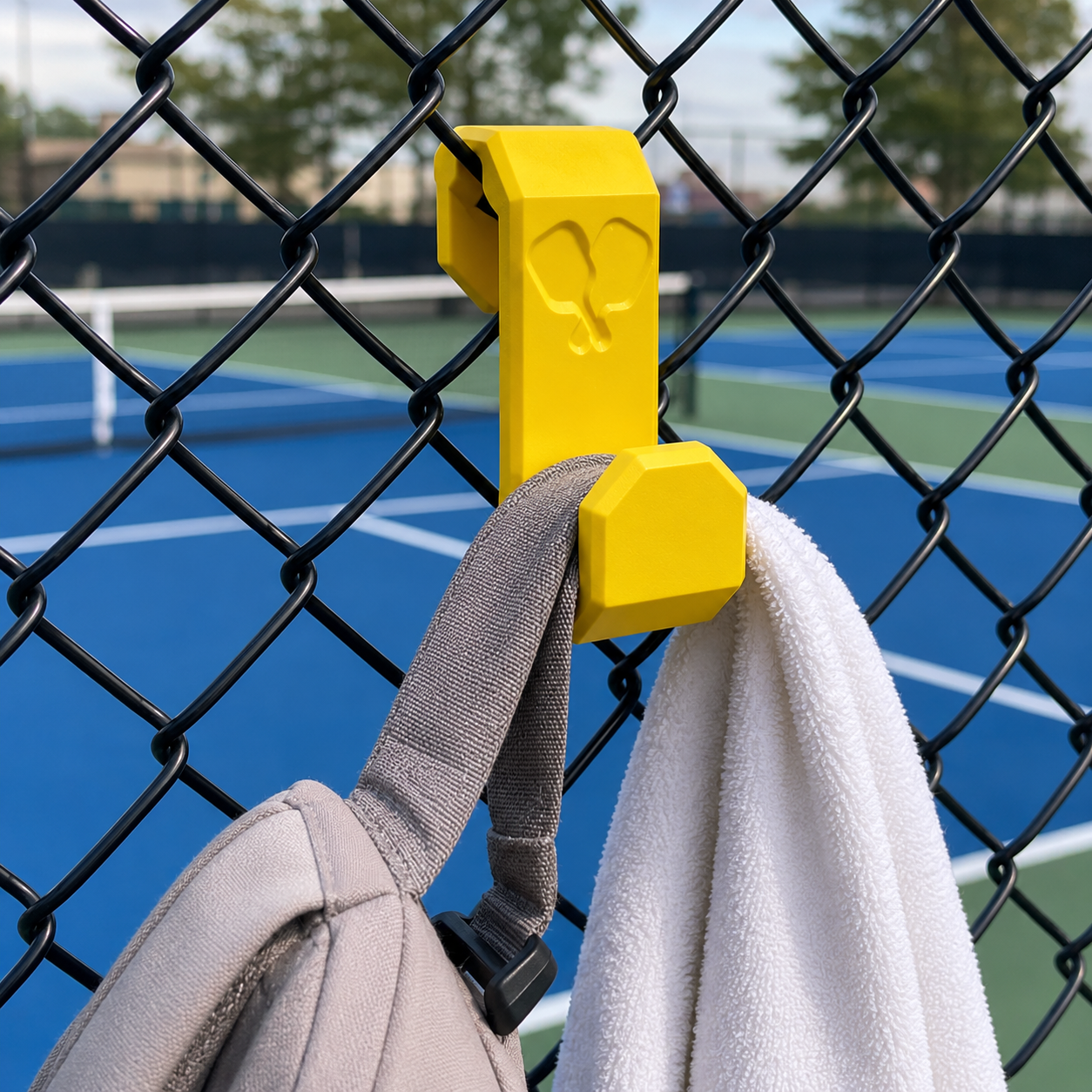 Yellow pickleball fence hook holding a bag and towel at a pickleball court